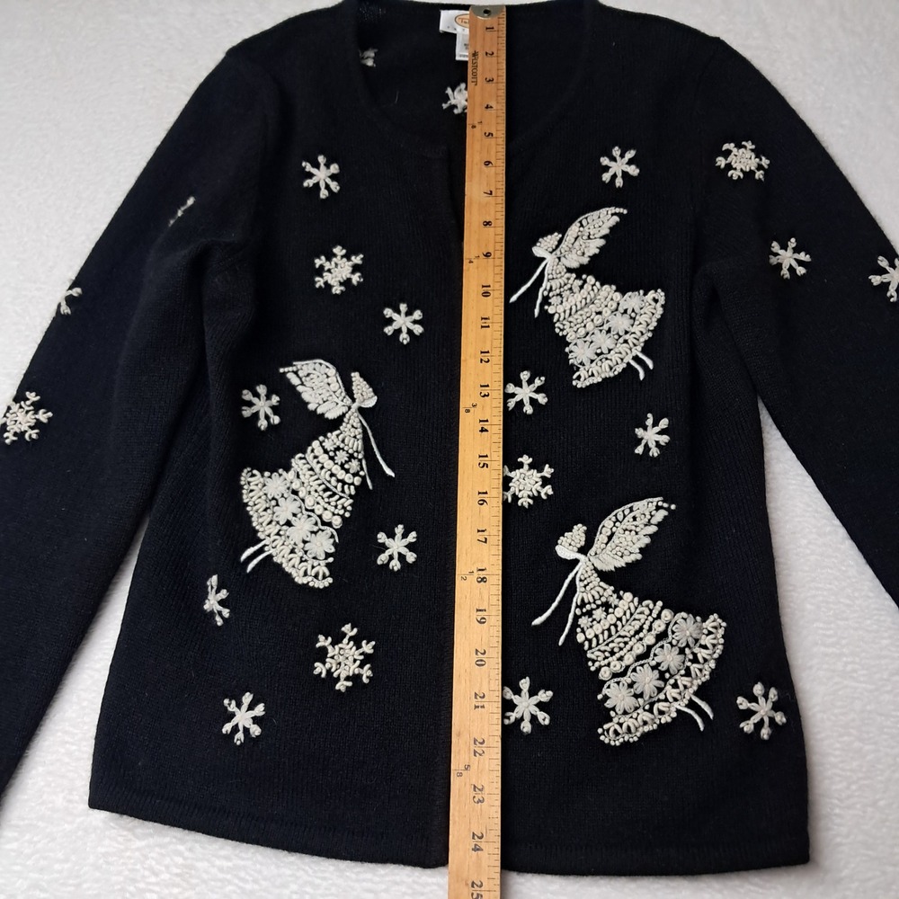 VTG Talbots Sweater Women's Medium Petite Black Angel Embroidered Wool Christmas - Picture 10 of 12